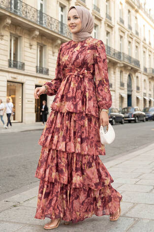 Kuşak Detaylı Yoryo Şifon Elbise Mürdüm - Thumbnail