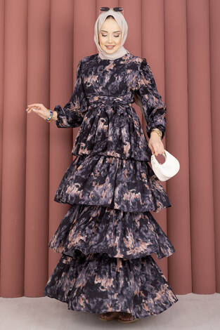 Kuşak Detaylı Yoryo Şifon Elbise Siyah - Thumbnail