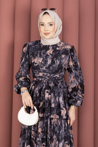 Kuşak Detaylı Yoryo Şifon Elbise Siyah - Thumbnail