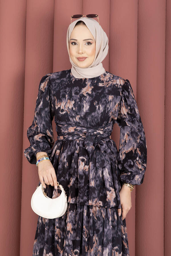 Hl - Kuşak Detaylı Yoryo Şifon Elbise Siyah (1)