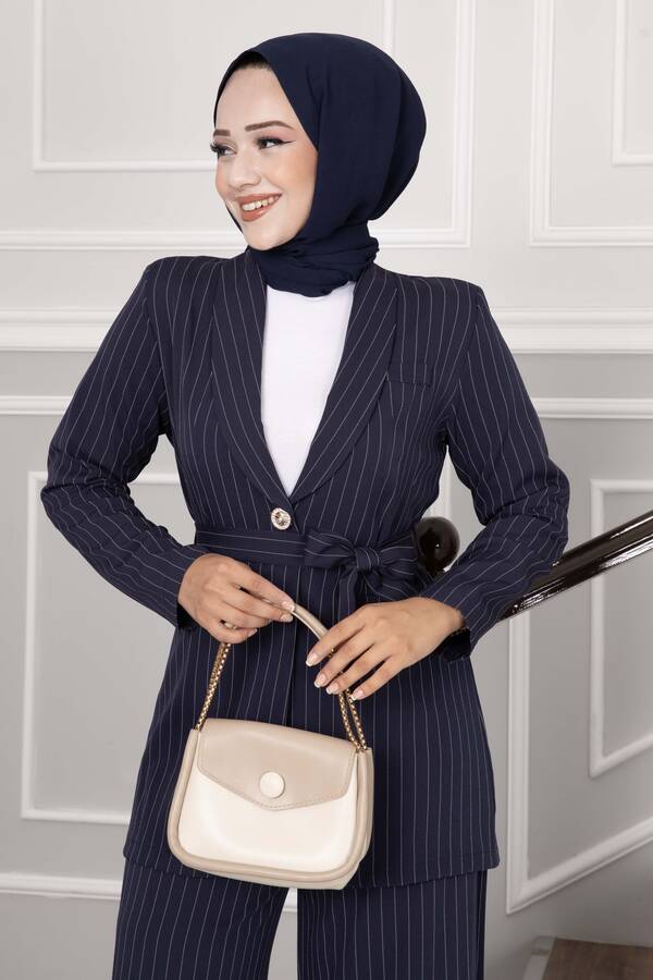Hp - Kuşaklı Blazer Ceket Tesettür Takım Lacivert -5 (1)