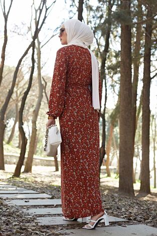Kuşaklı Çiçekli Tesettür Elbise 100MD-4568 Taba - Thumbnail