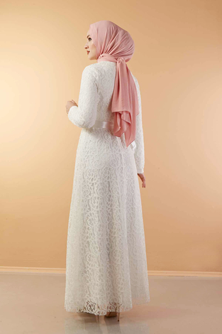 Kuşaklı Dantel Elbise 100MD10233 Beyaz - Thumbnail