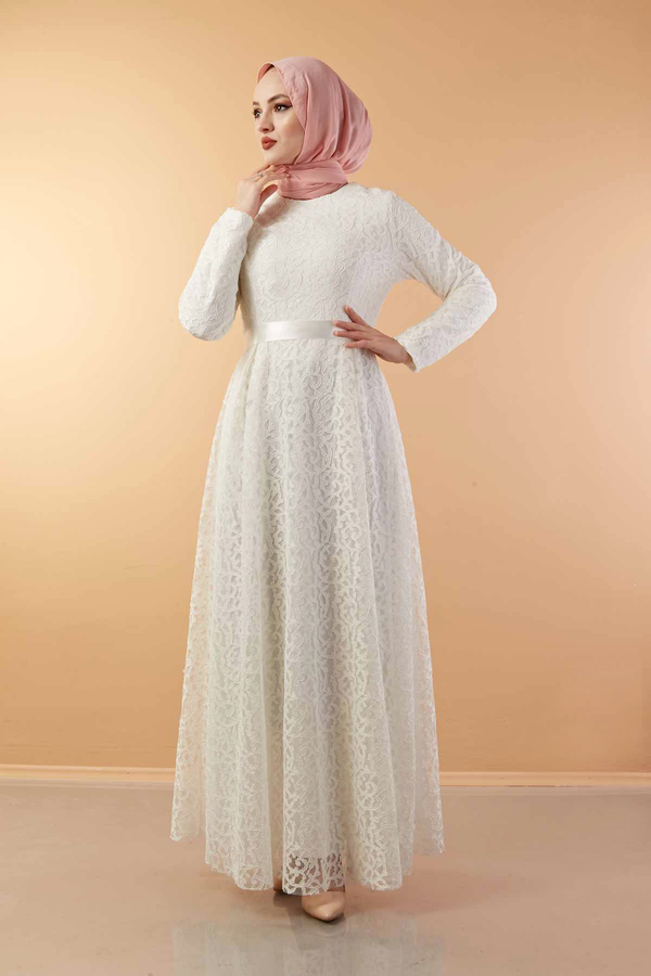 Kuşaklı Dantel Elbise 100MD10233 Beyaz