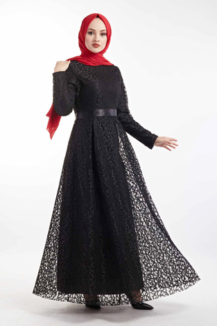 Kuşaklı Dantel Elbise 100MD10233 Siyah - Thumbnail