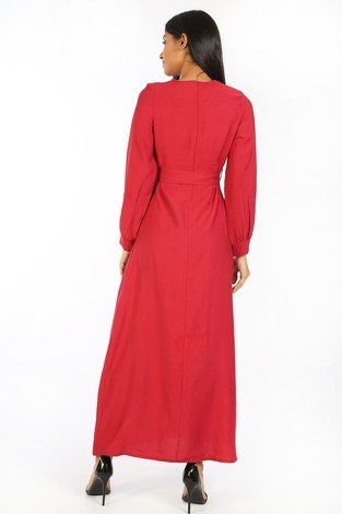 Kuşaklı Elbise 8812-05 kırmızı - Thumbnail
