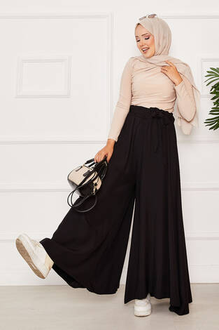 Kuşaklı Etek Pantolon Siyah - Thumbnail