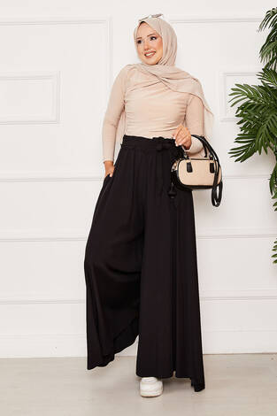 Kuşaklı Etek Pantolon Siyah - Thumbnail