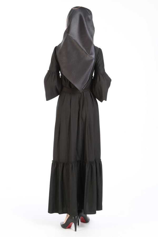 Kuşaklı Fırfır Elbise 6022-01 siyah