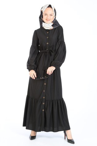 Kuşaklı Fırfır Elbise 6022-01 siyah - Thumbnail