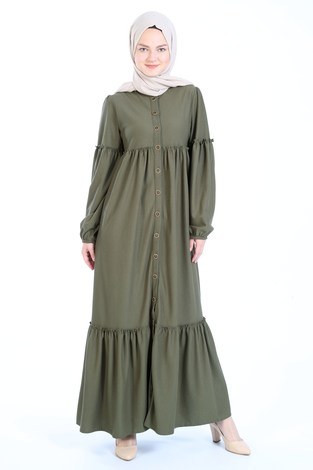 Kuşaklı Fırfır Elbise 6022-04 haki - Thumbnail
