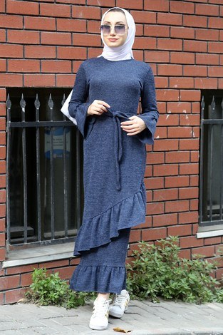 kuşaklı fırfırlı elbise 5631-22 indigo - Thumbnail