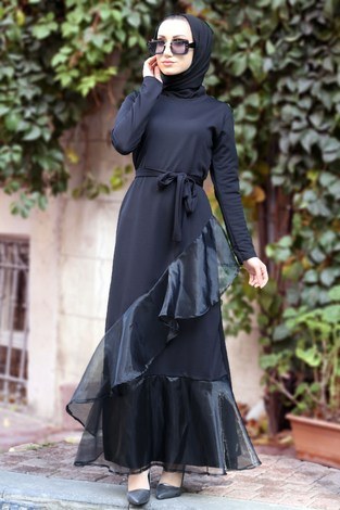 kuşaklı fırfırlı Tesettür elbise 5600-01 siyah - Thumbnail