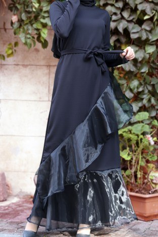 kuşaklı fırfırlı Tesettür elbise 5600-01 siyah - Thumbnail
