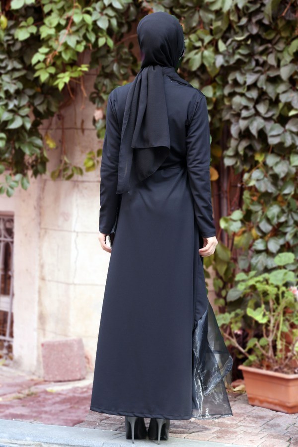 kuşaklı fırfırlı Tesettür elbise 5600-01 siyah