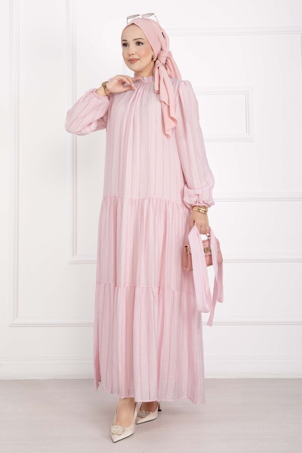 Kuşaklı Kat Kat Elbise Pembe - 3