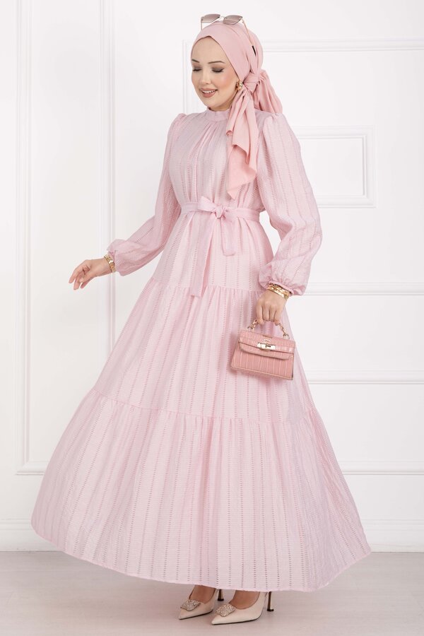 Kuşaklı Kat Kat Elbise Pembe - 4