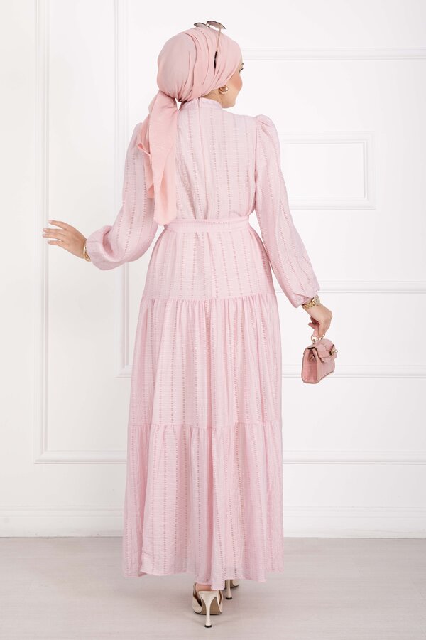 Kuşaklı Kat Kat Elbise Pembe - 5
