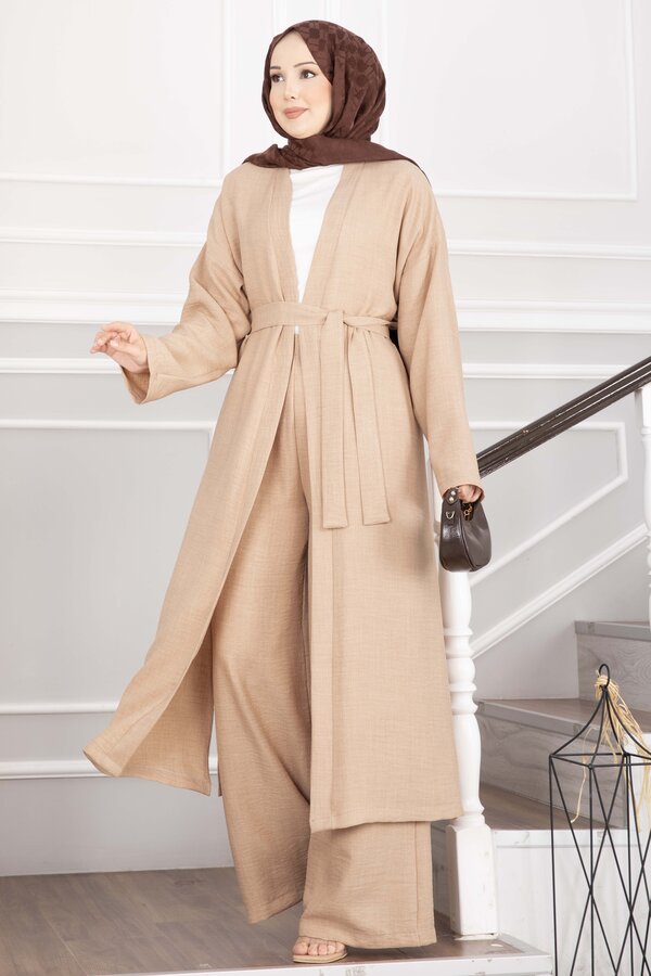 Kuşaklı Kimono Pantolon İkili Takım Camel - 4