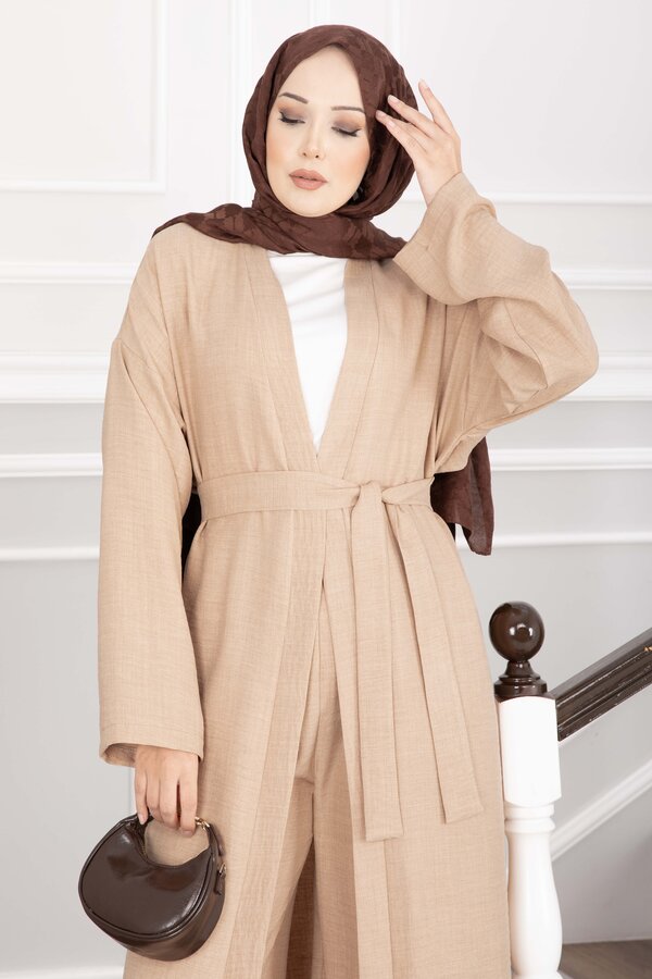 Efl - Kuşaklı Kimono Pantolon İkili Takım Camel (1)