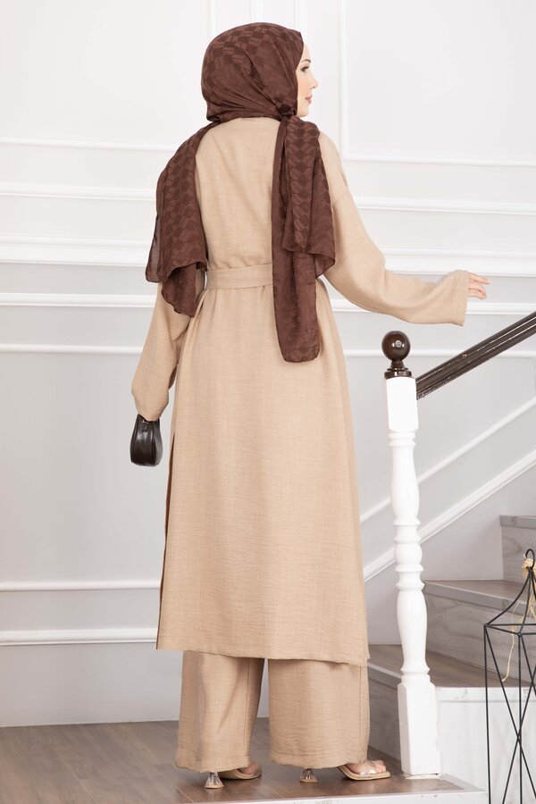 Kuşaklı Kimono Pantolon İkili Takım Camel - 6