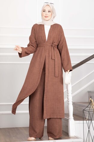 Kuşaklı Kimono Pantolon İkili Takım Kahve - Thumbnail