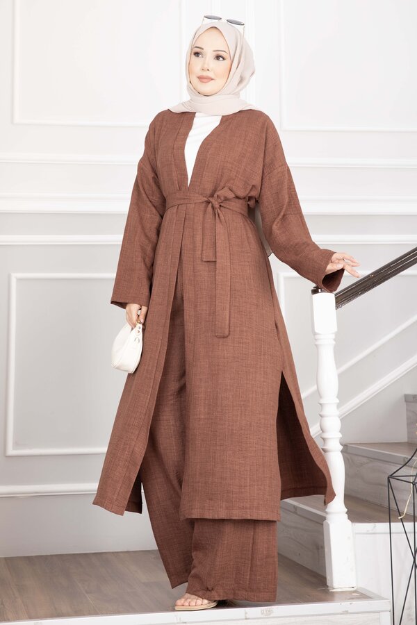 Efl - Kuşaklı Kimono Pantolon İkili Takım Kahve