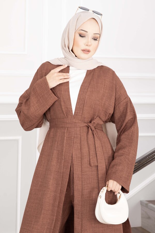 Efl - Kuşaklı Kimono Pantolon İkili Takım Kahve (1)