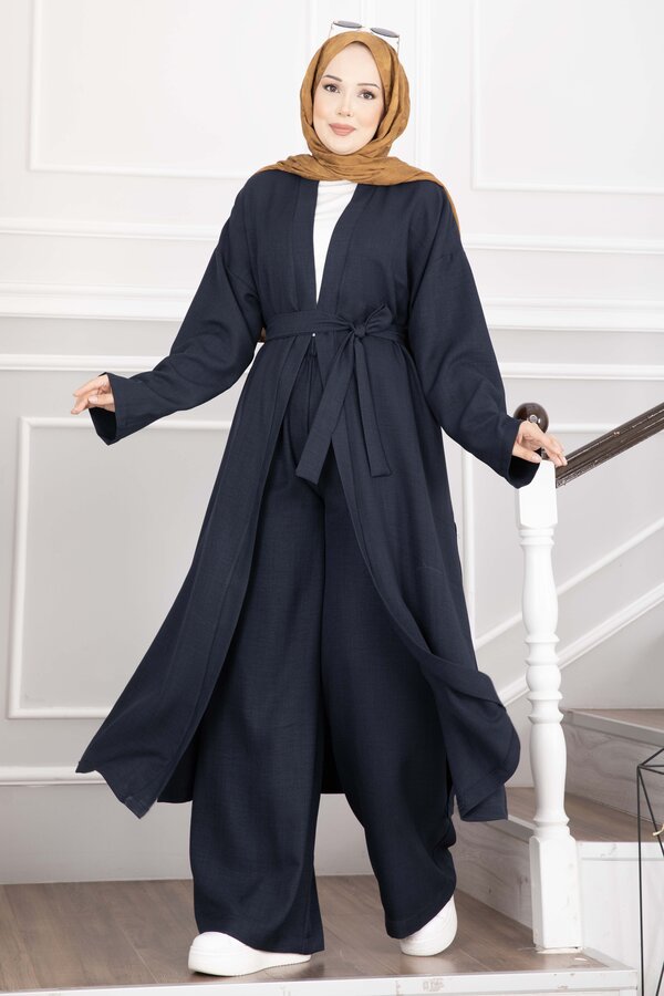 Efl - Kuşaklı Kimono Pantolon İkili Takım Lacivert