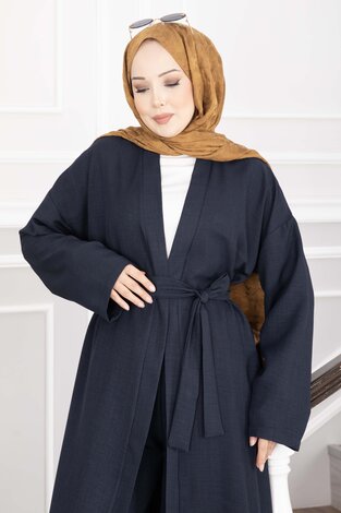 Kuşaklı Kimono Pantolon İkili Takım Lacivert - Thumbnail