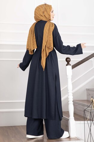 Kuşaklı Kimono Pantolon İkili Takım Lacivert - Thumbnail