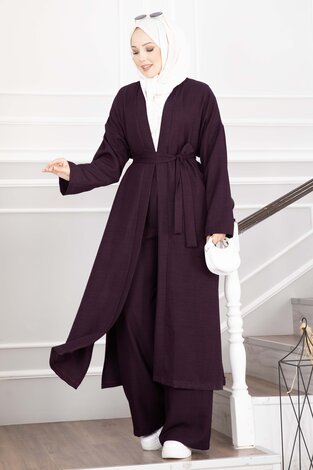 Kuşaklı Kimono Pantolon İkili Takım Mürdüm - Thumbnail