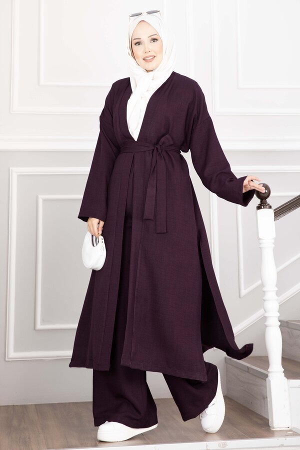 Efl - Kuşaklı Kimono Pantolon İkili Takım Mürdüm