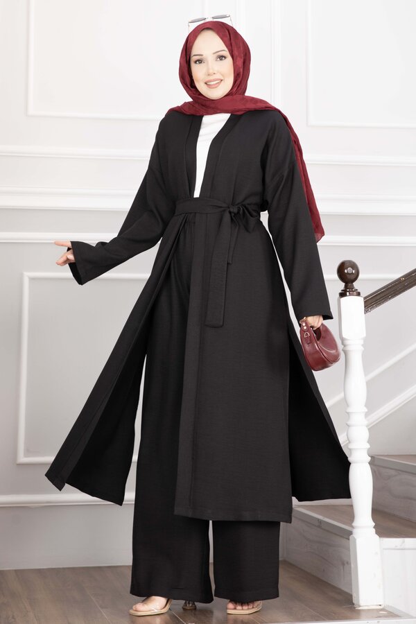 Efl - Kuşaklı Kimono Pantolon İkili Takım Siyah
