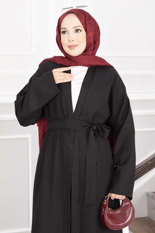 Kuşaklı Kimono Pantolon İkili Takım Siyah - Thumbnail