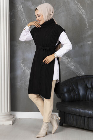 Kuşaklı Tesettür Panço Siyah - Thumbnail