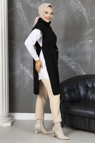 Kuşaklı Tesettür Panço Siyah - Thumbnail