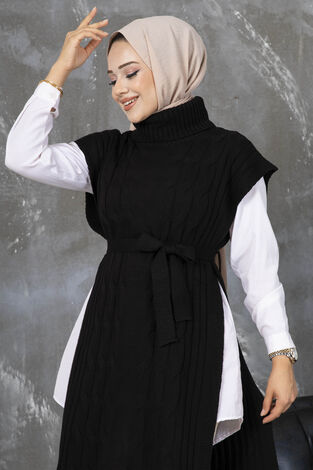 Kuşaklı Tesettür Panço Siyah - Thumbnail