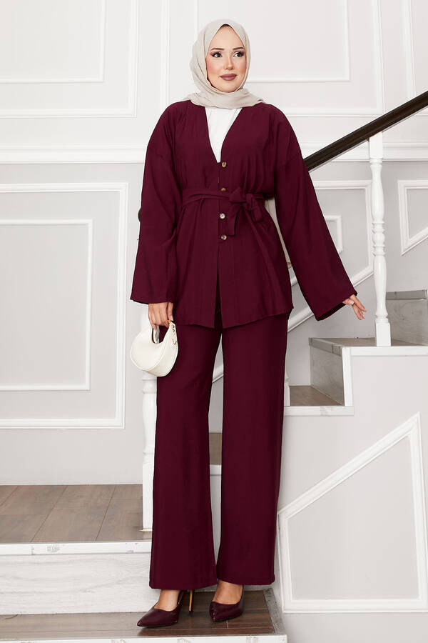 Kuşaklı Ve Düğmeli Kimono Takım Bordo Kuşaklı Ve Düğmeli Kimono Takım Bordo