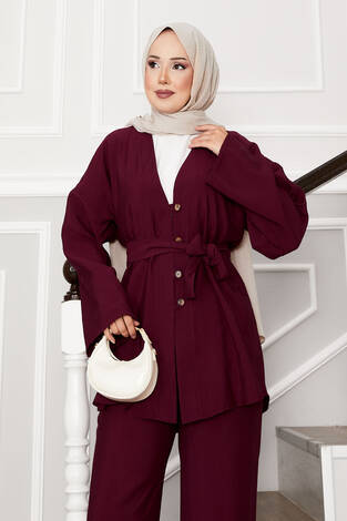 Kuşaklı Ve Düğmeli Kimono Takım Bordo - Thumbnail