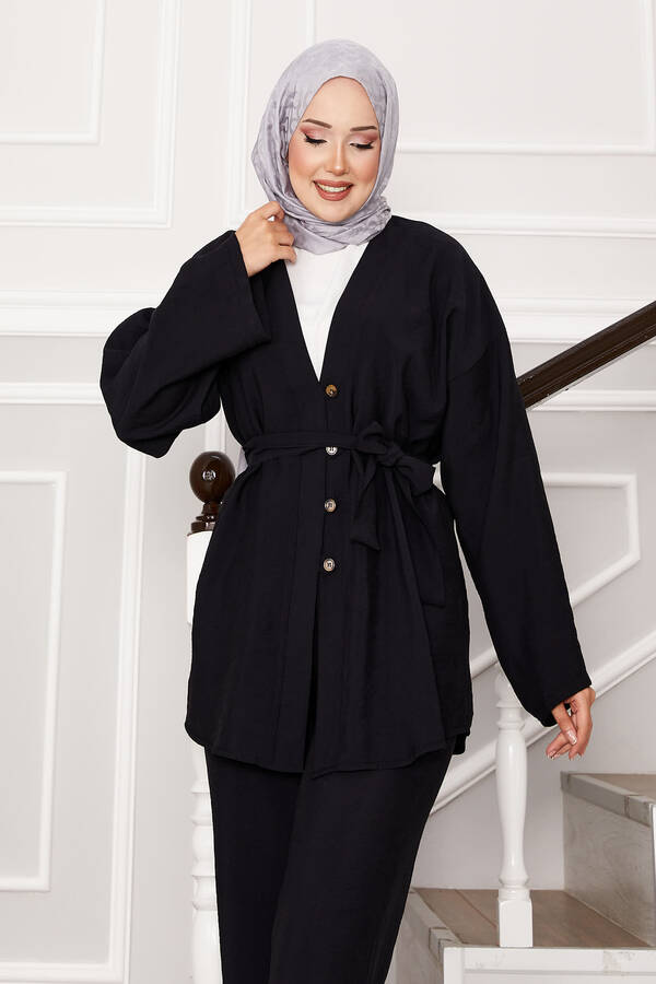 MD - Kuşaklı Ve Düğmeli Kimono Takım Siyah (1) MD - Kuşaklı Ve Düğmeli Kimono Takım Siyah (1)