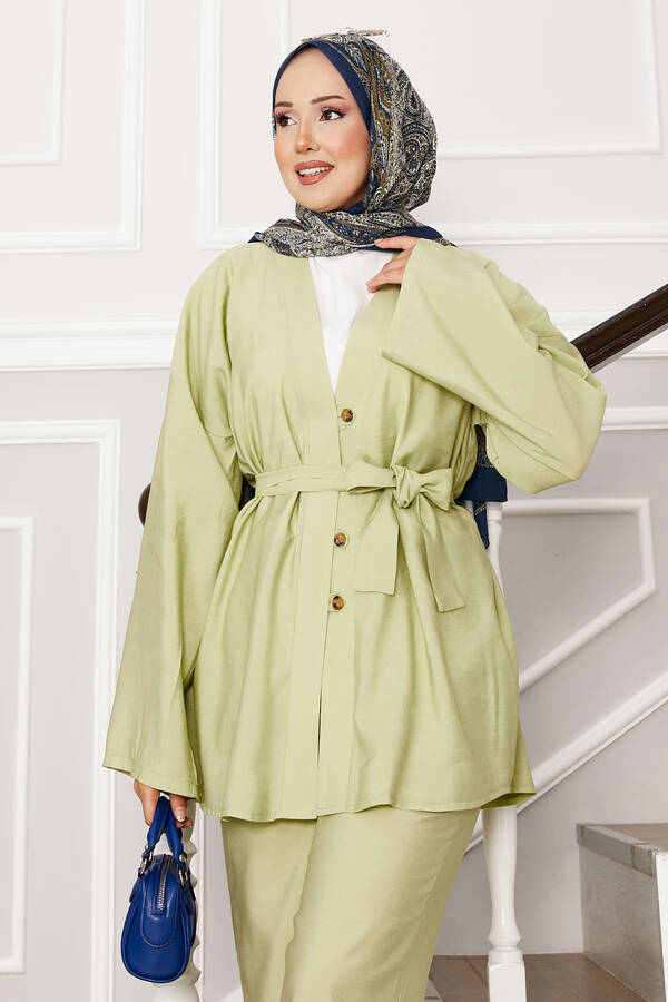 MD - Kuşaklı Ve Düğmeli Kimono Takım Yağ Yeşil (1) MD - Kuşaklı Ve Düğmeli Kimono Takım Yağ Yeşil (1)