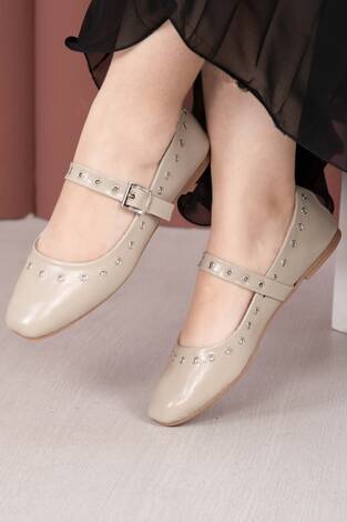 Kuşgözü Detaylı Mary Jane Babet Ayakkabı Bej - Thumbnail