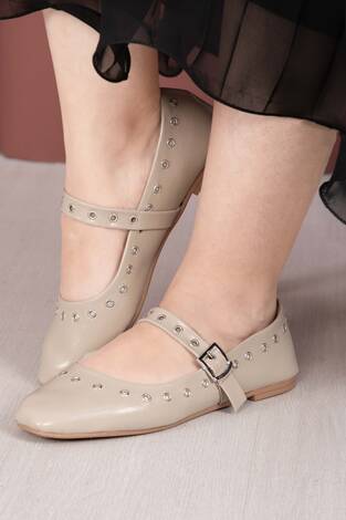 Kuşgözü Detaylı Mary Jane Babet Ayakkabı Bej - Thumbnail