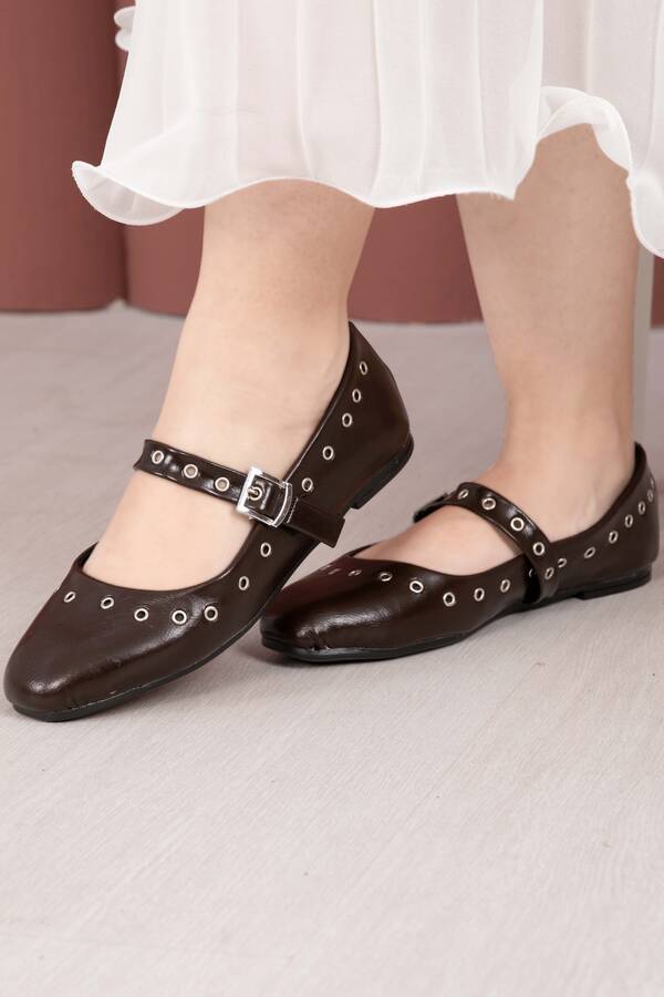 Srç - Kuşgözü Detaylı Mary Jane Babet Ayakkabı Kahve (1)