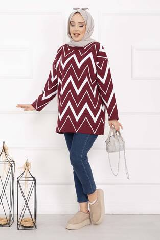 Lavin Zikzak Desen Triko Kazak Bordo - Thumbnail