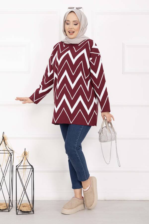 RAF - Lavin Zikzak Desen Triko Kazak Bordo