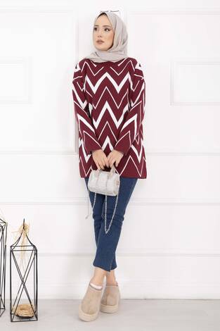 Lavin Zikzak Desen Triko Kazak Bordo - Thumbnail