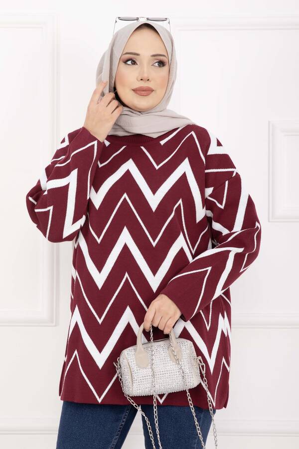 RAF - Lavin Zikzak Desen Triko Kazak Bordo (1)