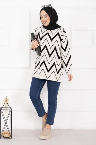 Lavin Zikzak Desen Triko Kazak Ekru - Thumbnail